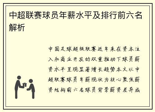 中超联赛球员年薪水平及排行前六名解析